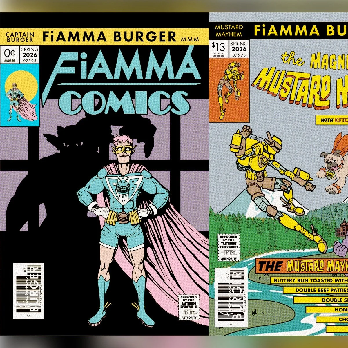 💥 Super Specials and 💫 FREE Comic Books have taken over at Fiamma Burger! Meet this year&rsquo;s Beefenders 👇

👊 CAPTAIN BURGER defender of the burgerverse

🟡MUSTARD MAYHEM a genius in the fields of technology and condement-ology. Their suit gra