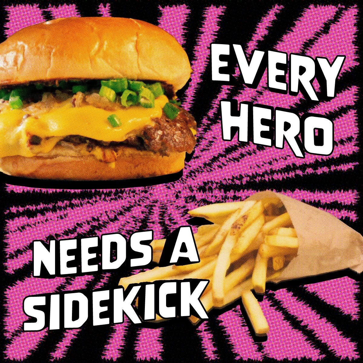 HAPPY NATIONAL SUPERHERO DAY! Loyalty members (our heroes ❣️) can snag a side-kick of fries with any sandwich for just $1 all day long! Snag a free comic book, check out our Superhero Specials and don&rsquo;t forget to join us and @comicsplacebham  t