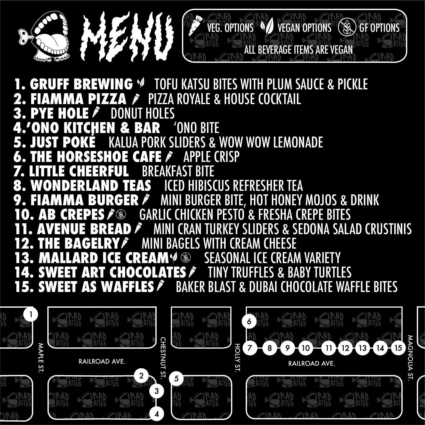 Rad Bites menu just dropped 🤤 Get ur tix at fiammaburger.com/rad-bites (🔗 in bio)

@gruffbrewing 
@fiammapizza 
@ono.kitchenandbar 
@justpoke.bham 
@horseshoecafe 
@littlecheerfulcafe 
@wonderland_teas_spices_ 
@abcrepes_ 
@avenuebread 
@bellingham
