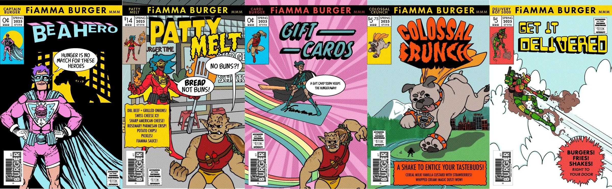 Fiamma Burger Superhero Month comic book cover posters