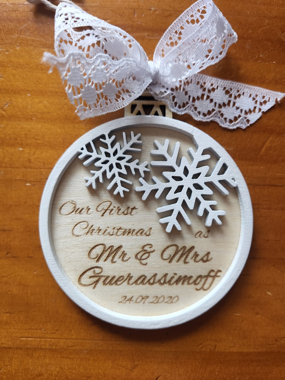 Personalized White Wood Snowflake Ornament