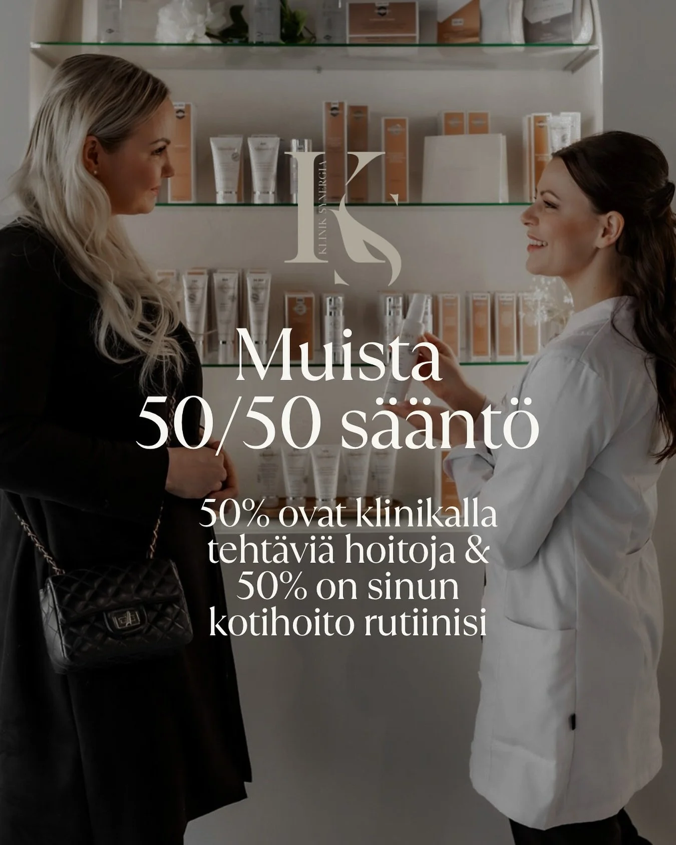 50 % tuloksistasi tulee ty&ouml;st&auml;, jonka panostat ihonhoitorutiiniisi kotona, ja 50 % tulee klinikalla tehdyist&auml; hoidoista ihoasiantuntijasi kanssa. Vaikka s&auml;&auml;nn&ouml;llisten klinikkahoitojen noudattaminen on hy&ouml;dyllist&aum