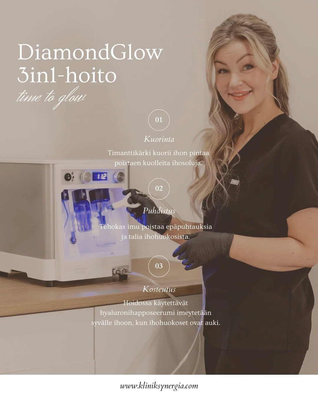 Hoito, jota jokainen iho tarvitsee kes&auml;n j&auml;lkeen!

DiamondGlow 3in1- hoito on tehokas Hydrafacialia muistuttava syv&auml;puhdistavahoito.  Kuorinta timantti-hoitop&auml;&auml;ll&auml;, ihon puhdistus imulla sek&auml; hyaluronihappo seerumin