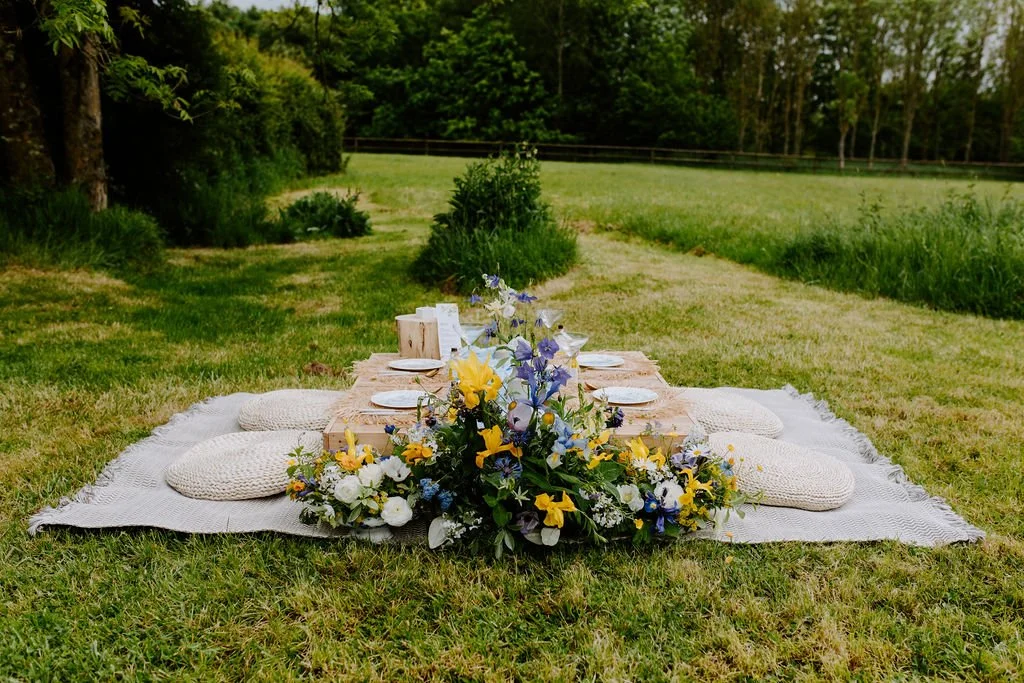 Outdoor picnic using sustainable props from Mae & Maple Prop & Decor Hire at The Old Milking Parlour at Cavokay House