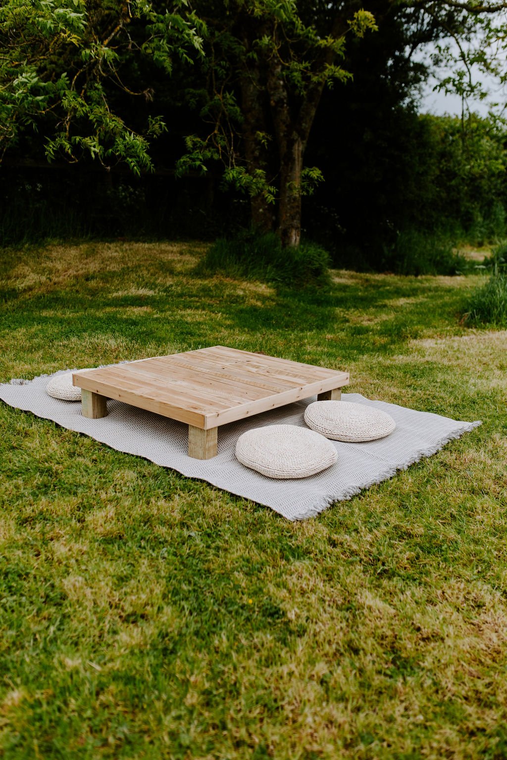 Low Picnic table on rug with cushions