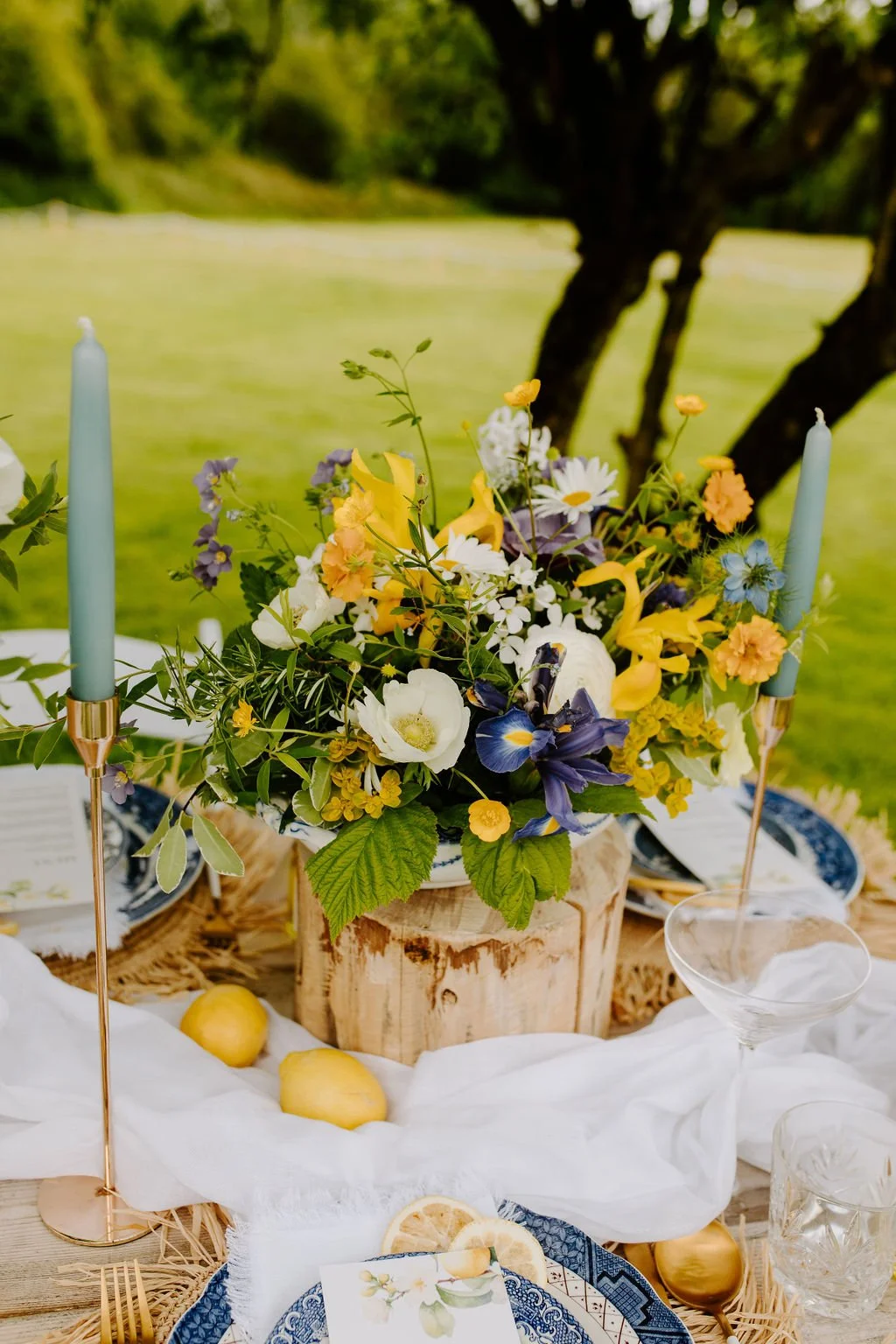 Flower arrangement in a vintage flowerbowl hired from Mae & Maple Prop & Decor Hire