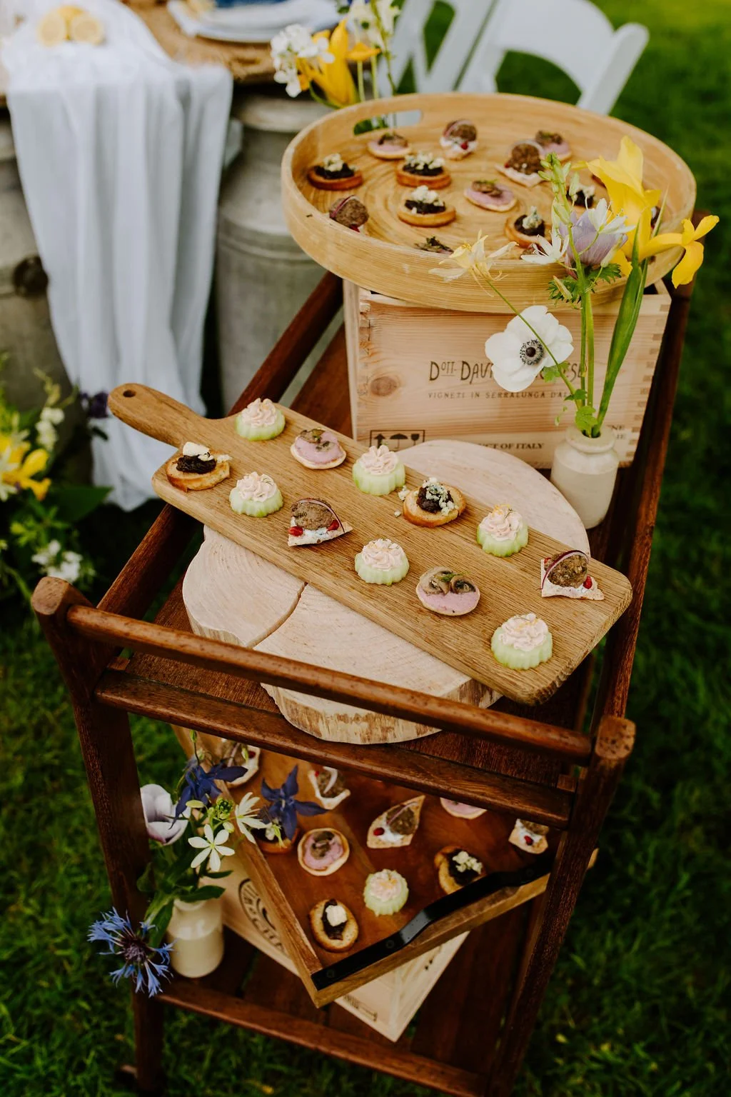 Treats Trolley with canapes hired from Mae & Maple Prop & Decor Hire