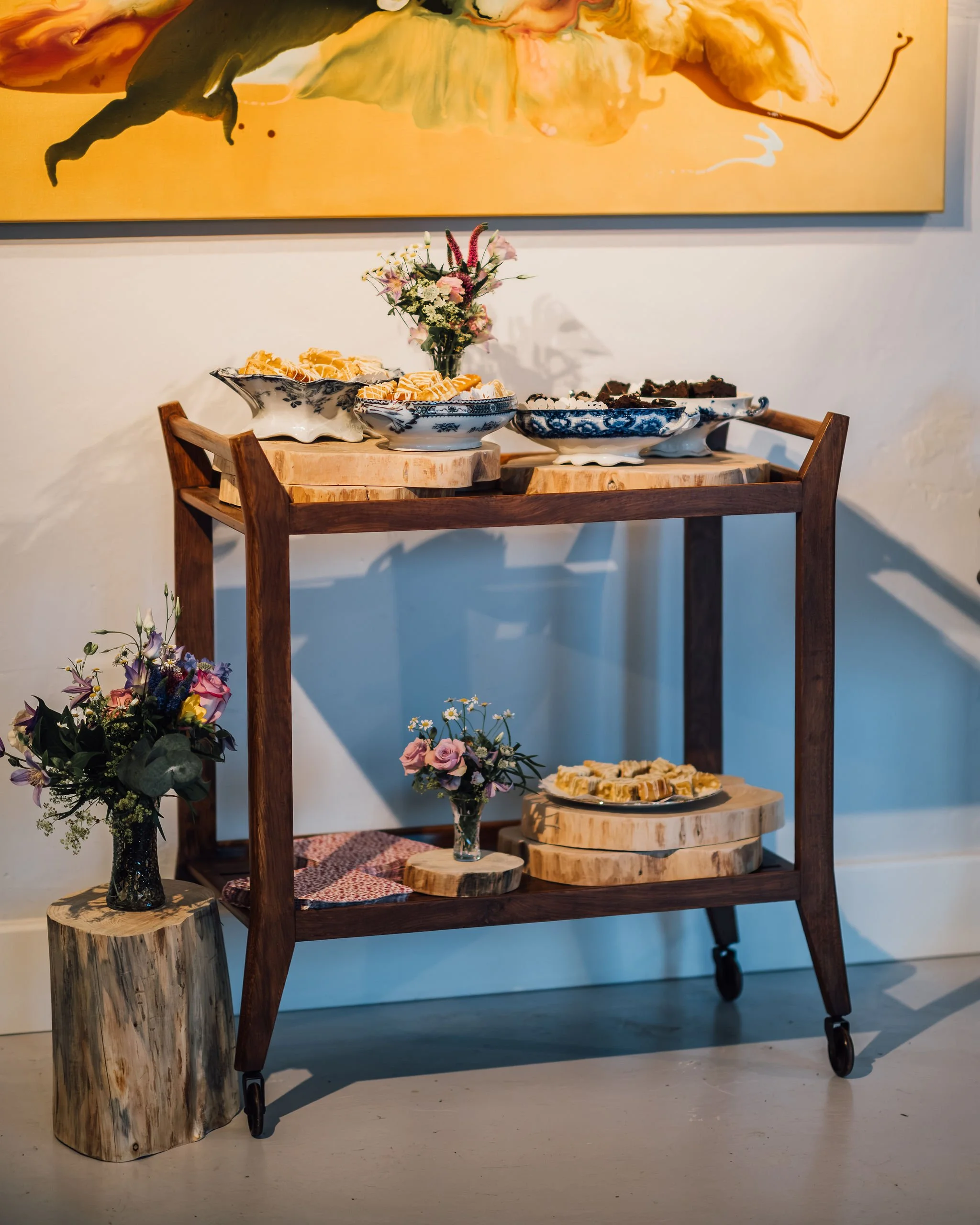 Treats trolley with log slices for hire - Mae & Maple