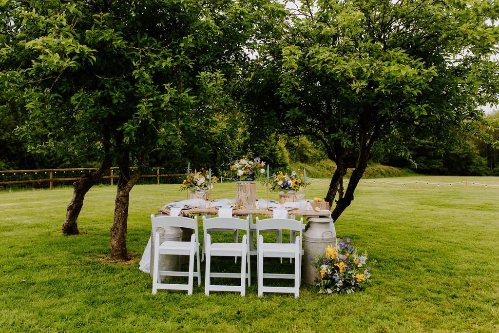 Outside Dining table in woodland at The Old Milking Parlour at Cavokay House with Mae & Maple Prop & Decor Hire
