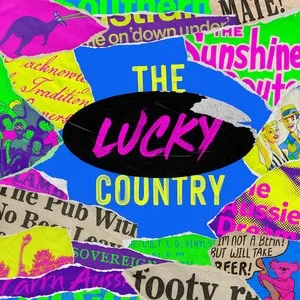 Collage of colorful magazine clippings with text, images, and graphics related to country music and culture.