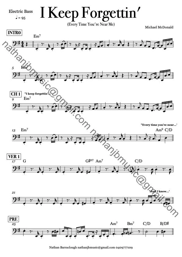 Sheet music titled "I Keep Forgettin' (Every Time You're Near Me)" by Michael McDonald, with sections labeled Intro, Chorus 1, Verse 1, and Pre-chorus, including musical notes and chords for electric bass.