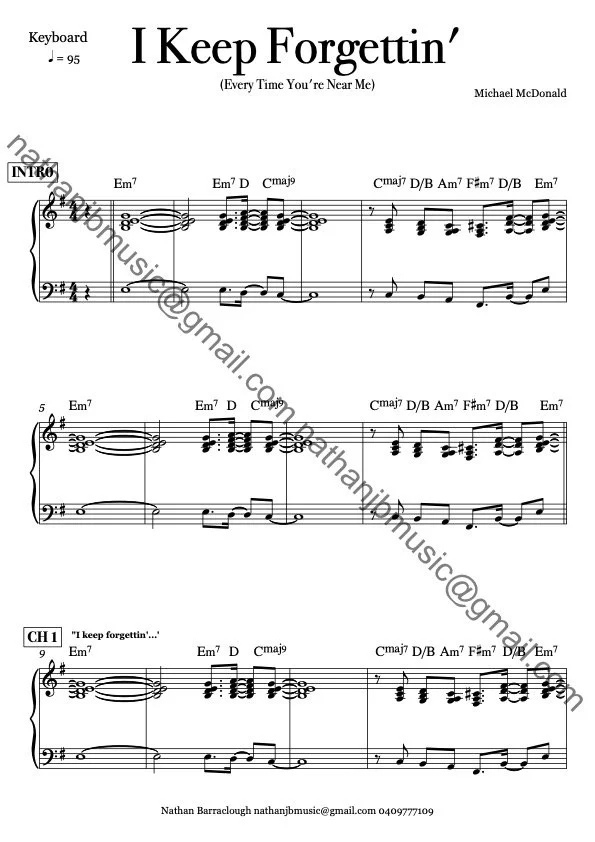 Sheet music for the song "I Keep Forgettin'" by Michael McDonald, showing chords and musical notation for piano.