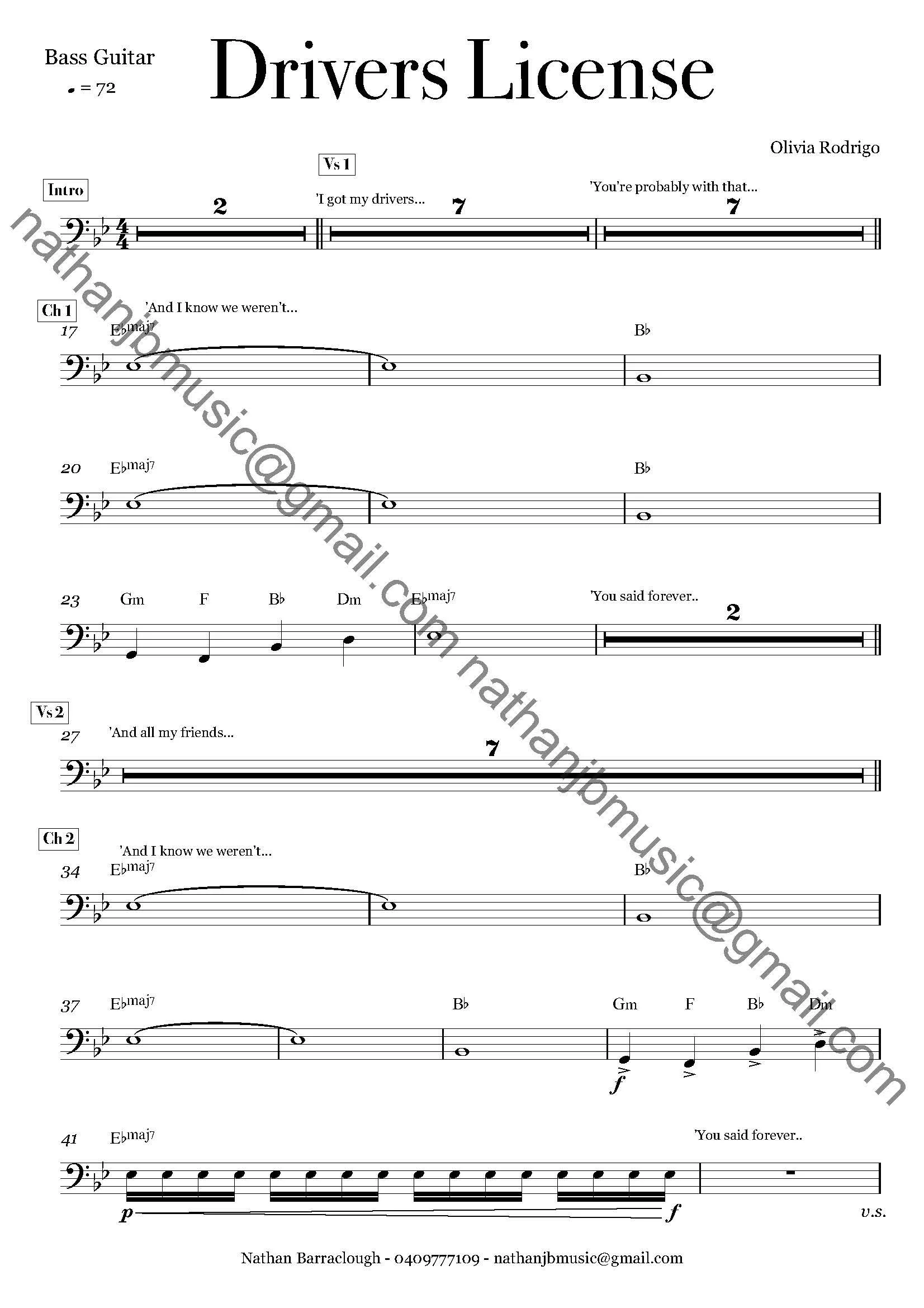Sheet music titled 'Drivers License' by Olivia Rodrigo, with musical notes, chords, lyrics, and annotations.