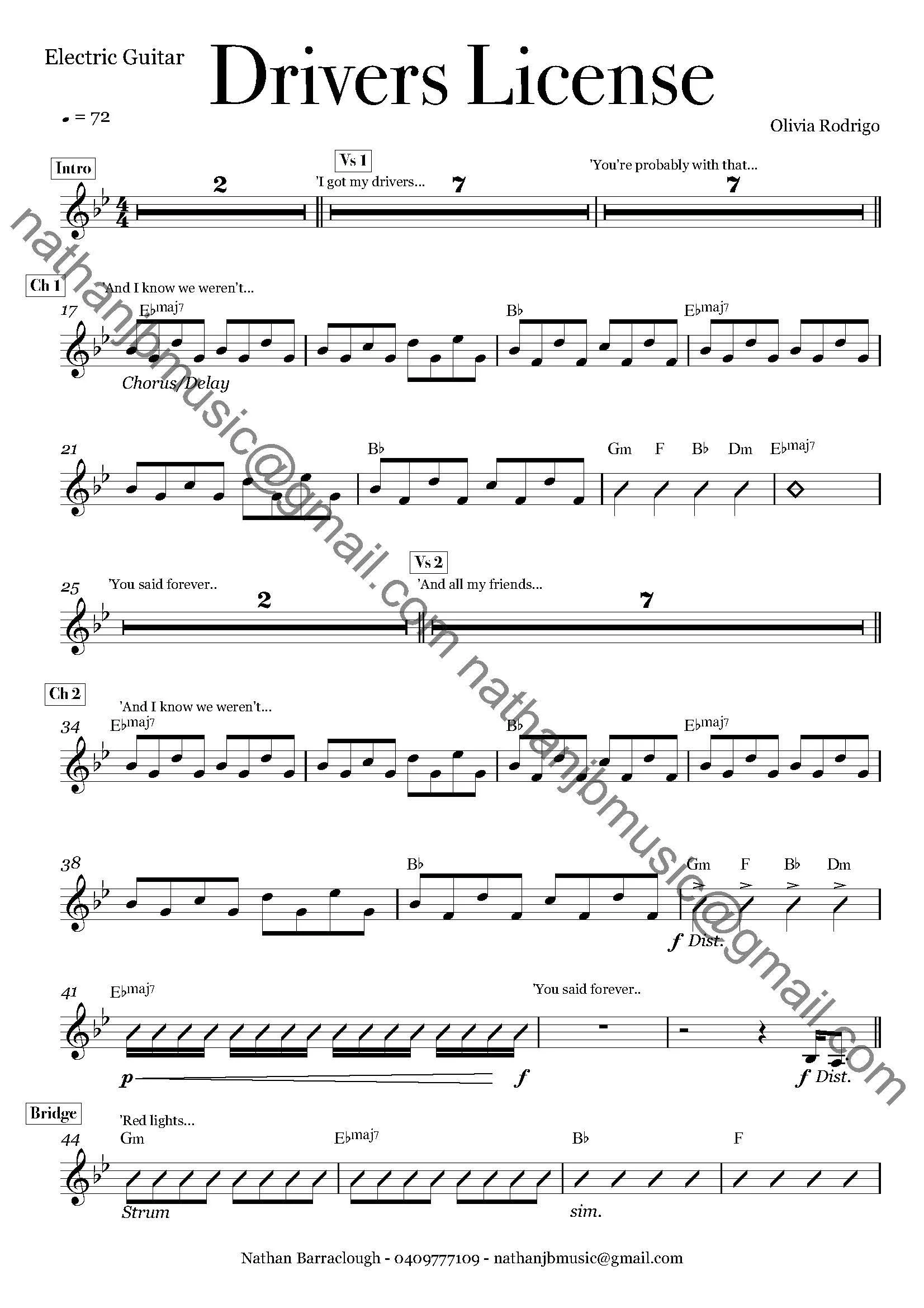 Sheet music titled 'Drivers License' by Olivia Rodrigo, with musical notation, lyrics, and chords for a song, including sections labeled Intro, Verse 1, Chorus, Verse 2, Bridge, and footer information.