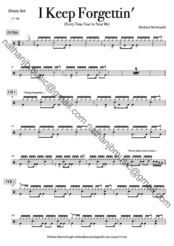 Sheet music titled "I Keep Forgettin' (Every Time You're Near Me)" by Michael McDonald, with a drum set notation, and the text indicates it is for a drum set with a tempo of 95 BPM.