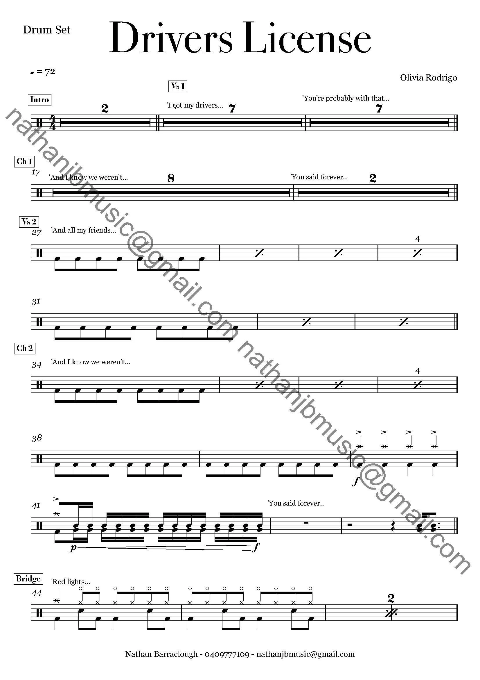 Sheet music titled 'Drivers License' by Nathan Barraclough, with musical notes, guitar chords, lyrics, and rhythmic notations.