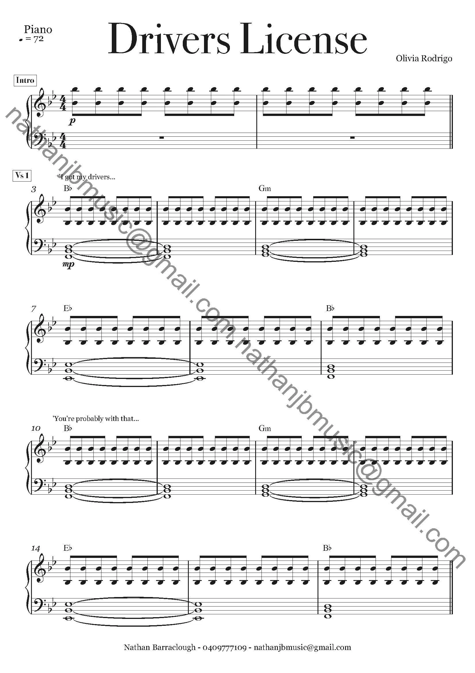 Sheet music titled 'Drivers License' by Olivia Rodrigo, containing musical notes, lyrics, and chord notations, with contact information of Nathan Barraclough at the bottom.