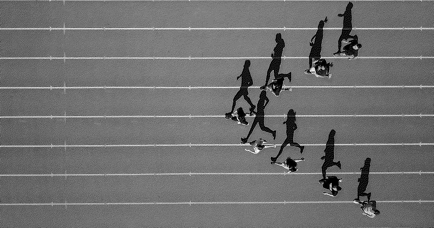 Silhouettes of people walking and running on a track, with their reflections visible on the ground.