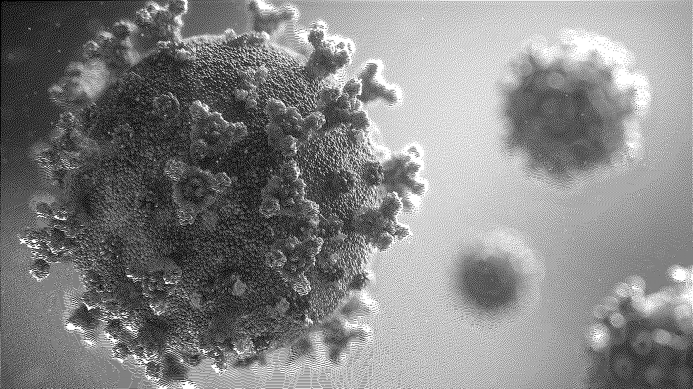 Black and white microscopic image of coronavirus particles, showing spherical virus with spike proteins protruding from the surface.