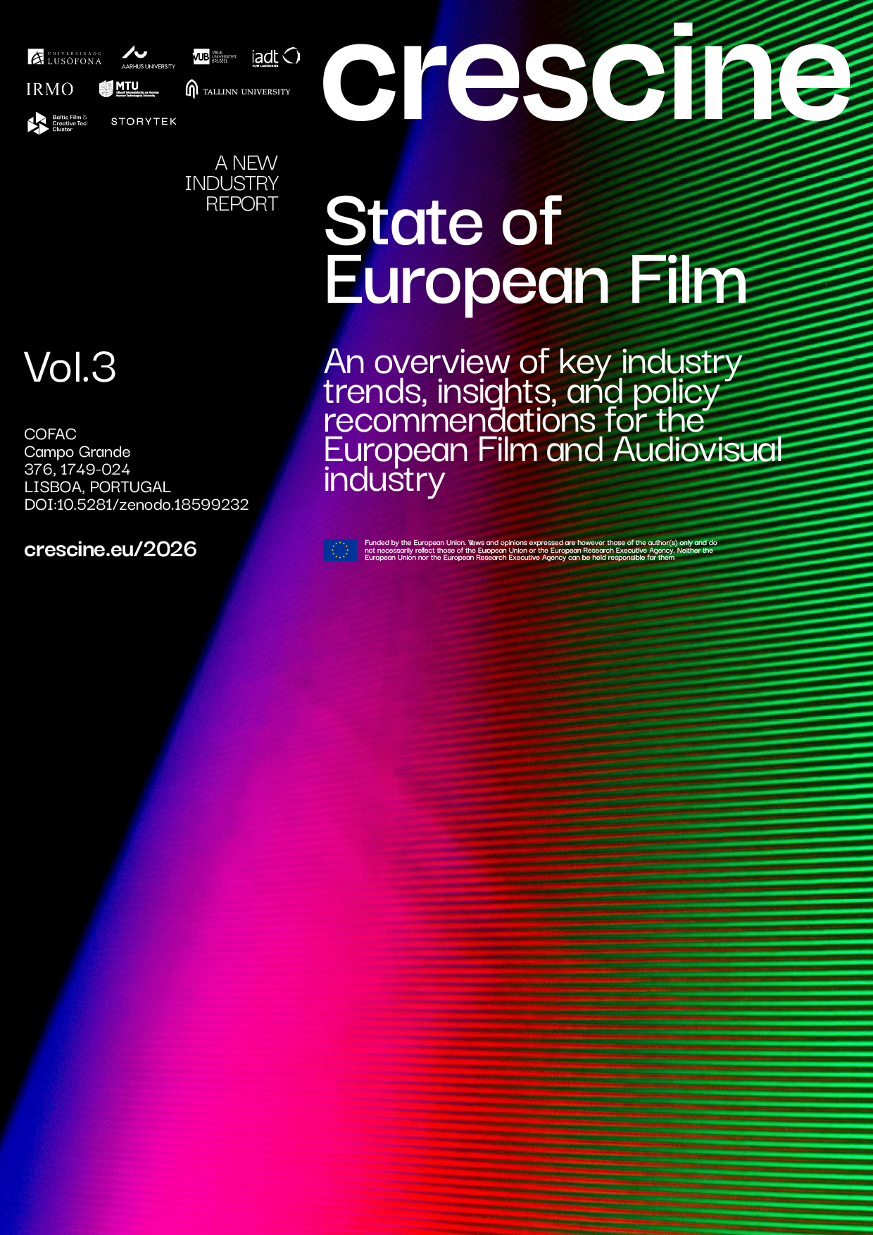 Cover page of Crescine report titled 'State of European Film', Vol. 3, with colorful abstract design, logos of European and Portuguese institutions, and text detailing the report's focus on European film industry insights and policy recommendations.