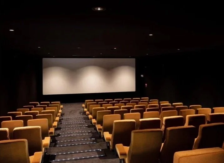 Empty movie theater with rows of orange seats facing a large screen.