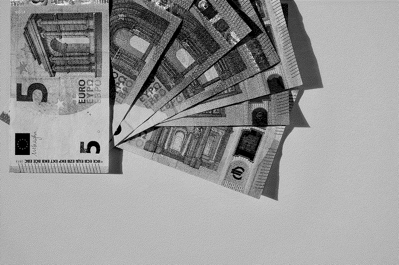 Fifty euro banknotes fanned out on a white surface, showing the number 50 and the European Union flag.