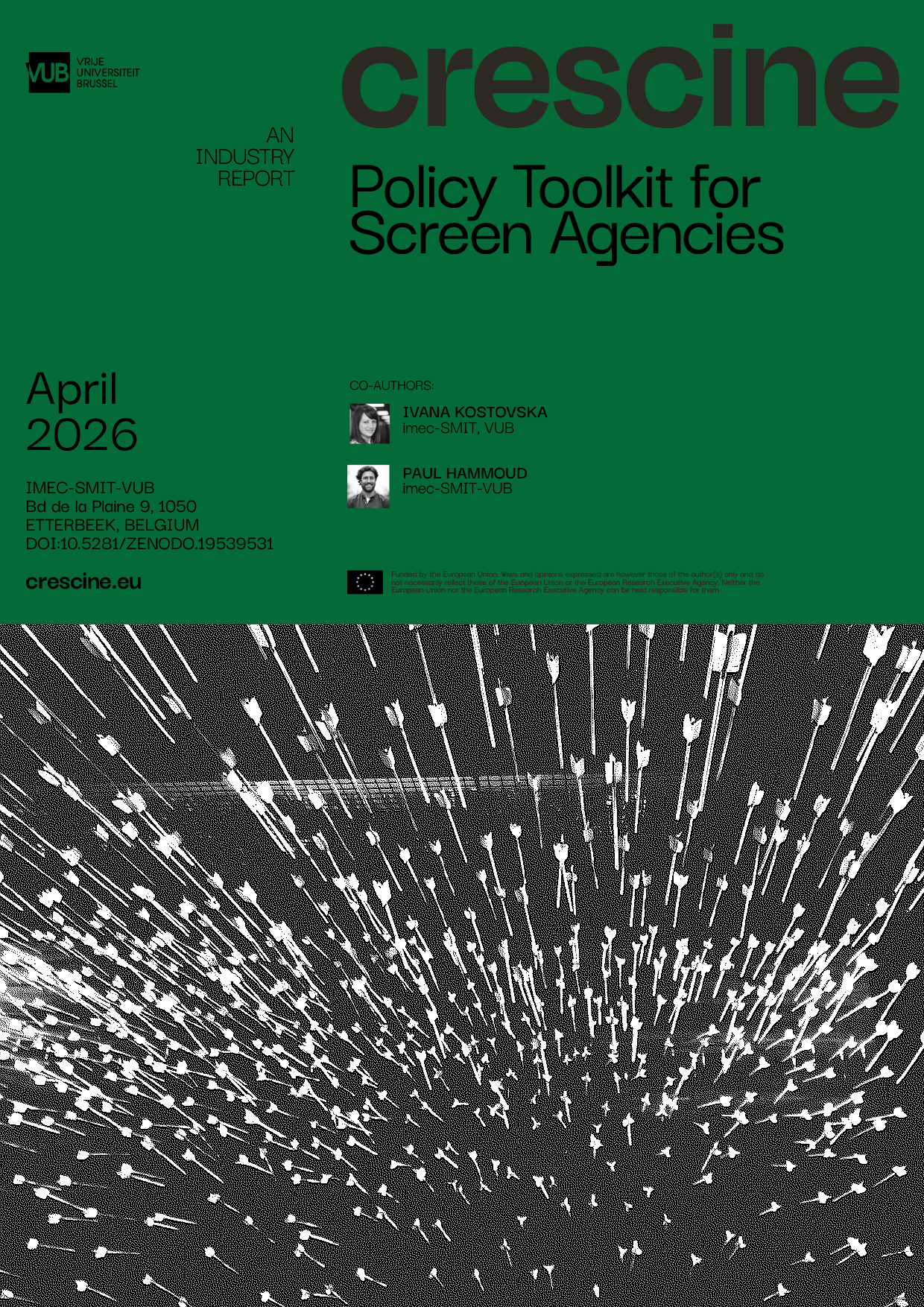 Cover page of Crescine policy toolkit report with a green background, title in large black and dark green font, and an abstract black and white artistic image of arrows or streaks at the bottom.