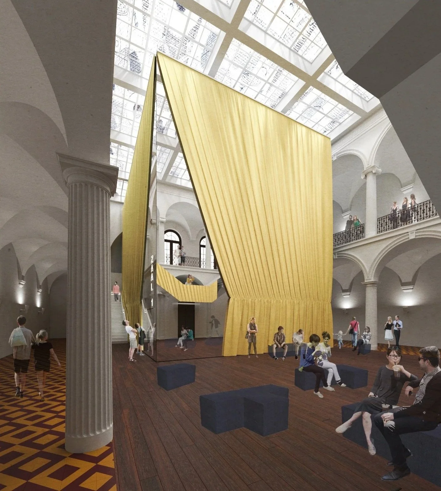 Interior view of a historic building with a modern art installation featuring large yellow fabric structures and a glass ceiling, with people sitting and walking around.