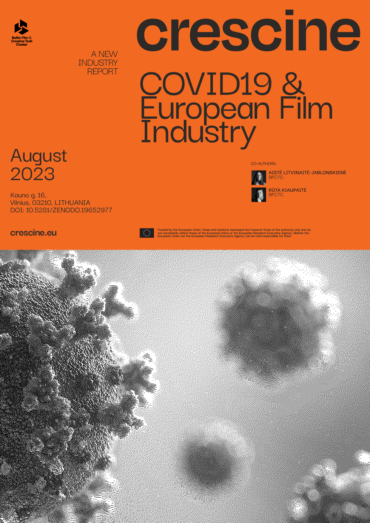 Cover of a report titled 'Crescine: COVID-19 & European Film Industry,' published in August 2023 by Baltic Film & Creative Tech Cluster, with an orange background and black text, and an image of virus particles emitting smoke or clouds.