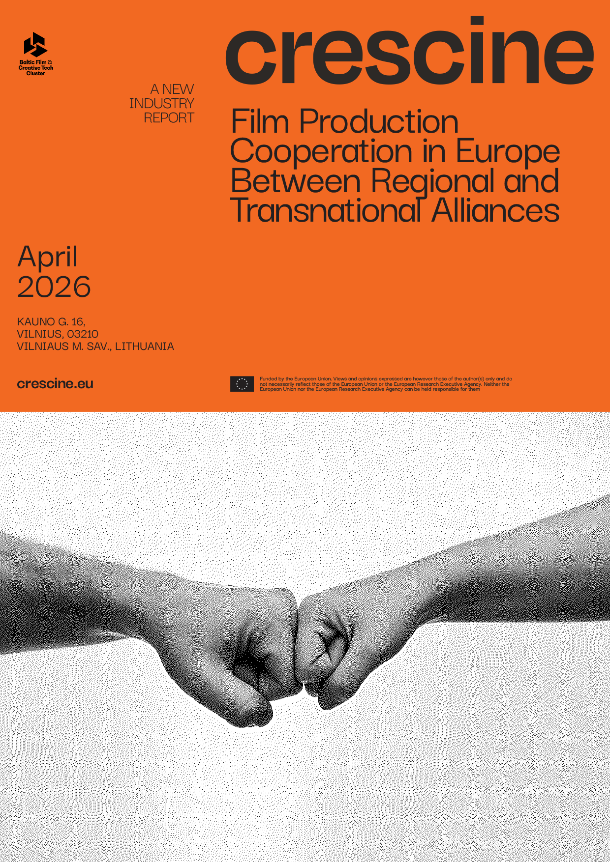 Cover of a report titled "crescine: Film Production Cooperation in Europe Between Regional and Transnational Alliances," with a black and white photo of two hands striking a fist bump.