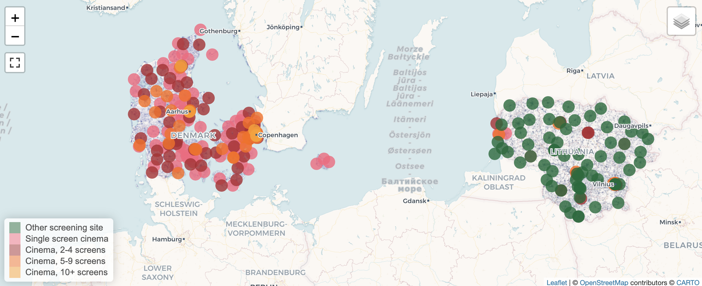 Map showing the distribution of cinemas in Denmark and Lithuania, with color-coded circles indicating the number of screens at each cinema. Denmark has many cinemas with 2 or more screens, using shades of pink and red. Lithuania has cinemas with primarily 2-4 screens, represented with shades of green, orange, and red.