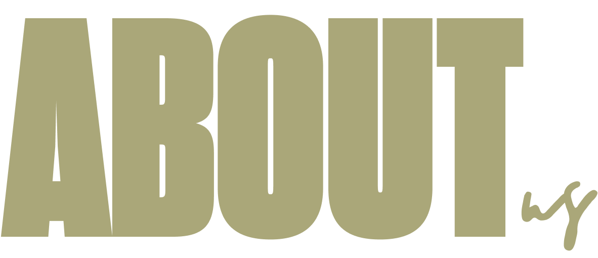 Bold text reading "ABOUT us" in olive green, with a small, cursive "wy" next to it on a black background.