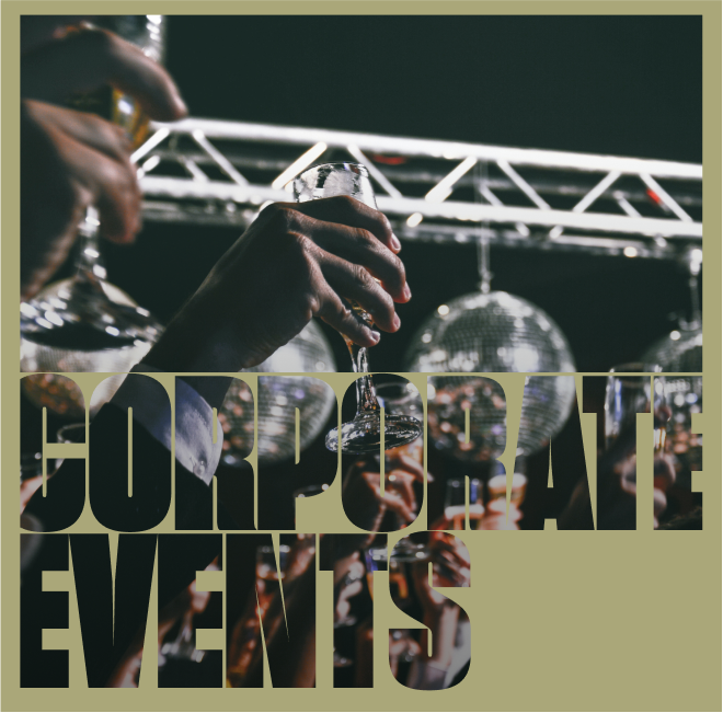 People enjoying drinks at a social gathering with large text overlay reading 'Corporate Events'.