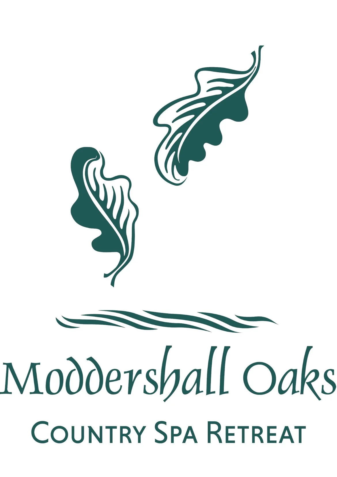 Logo for Moddershall Oaks Country Spa Retreat featuring stylized oak leaves and flowing lines.