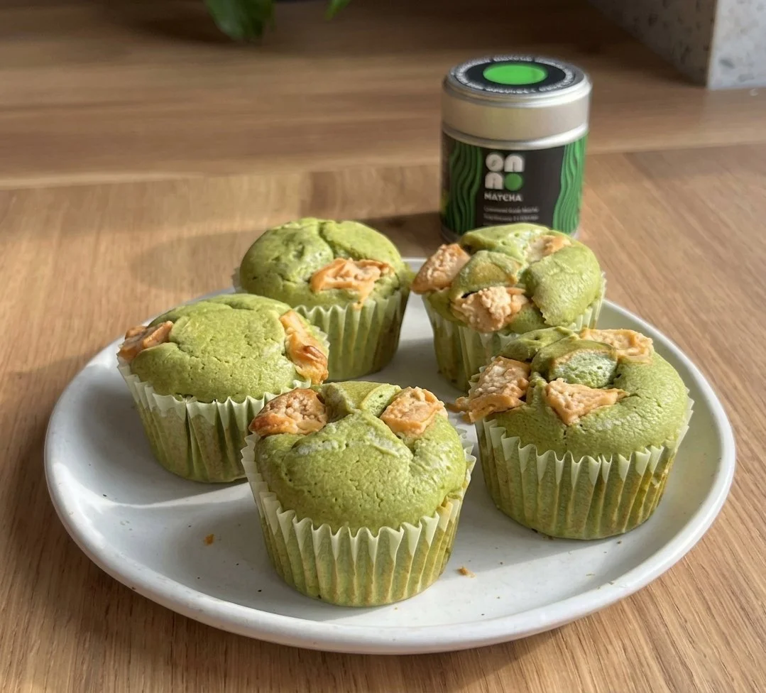 Soft, fluffy muffins with  matcha and creamy white chocolate