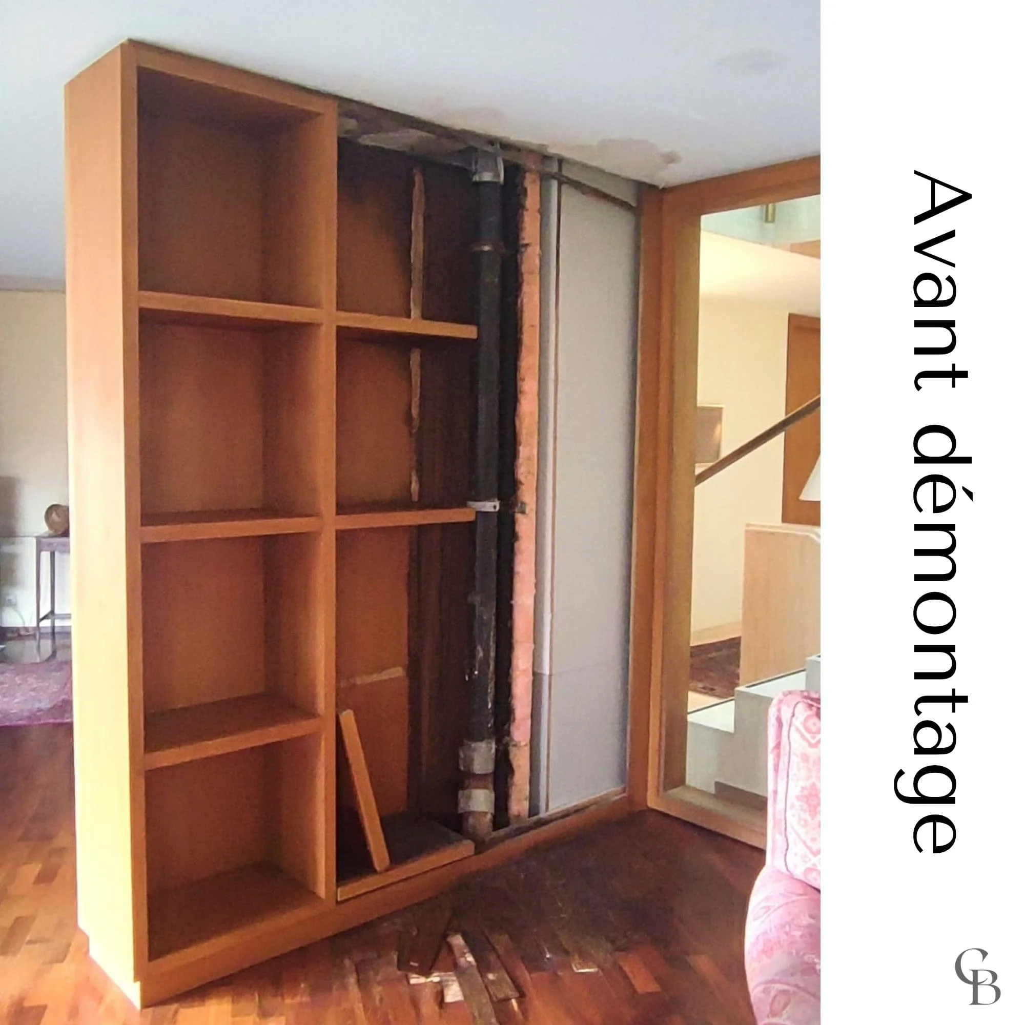 Avant démontage d’une bibliothèque sur mesure à Genève.