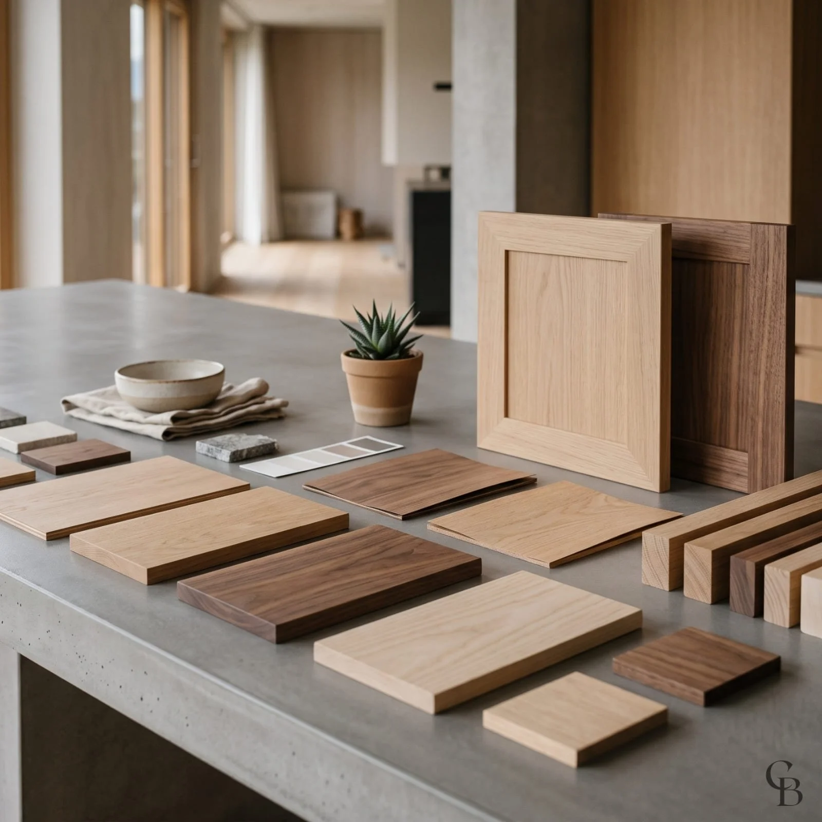 Sélection d’échantillons de bois naturel et de placages pour une cuisine sur mesure