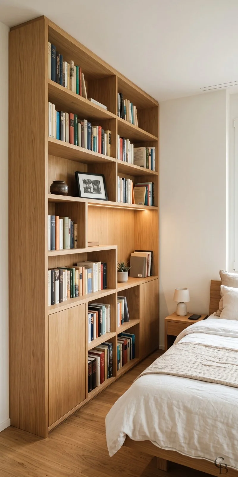 Bibliothèque pour chambre sur mesure en bois avec rangements intégrés à Genève