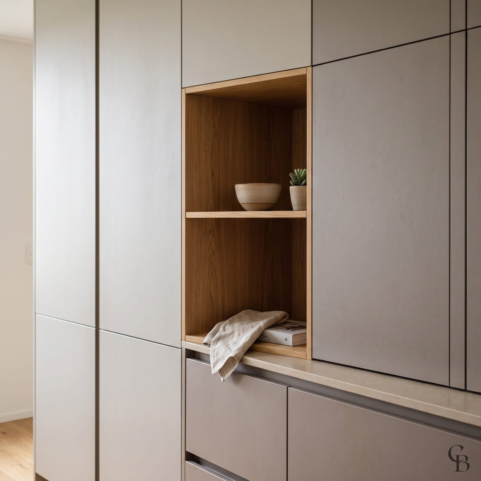 Façades mates et panneaux décoratifs associés au bois dans une cuisine sur mesure contemporaine