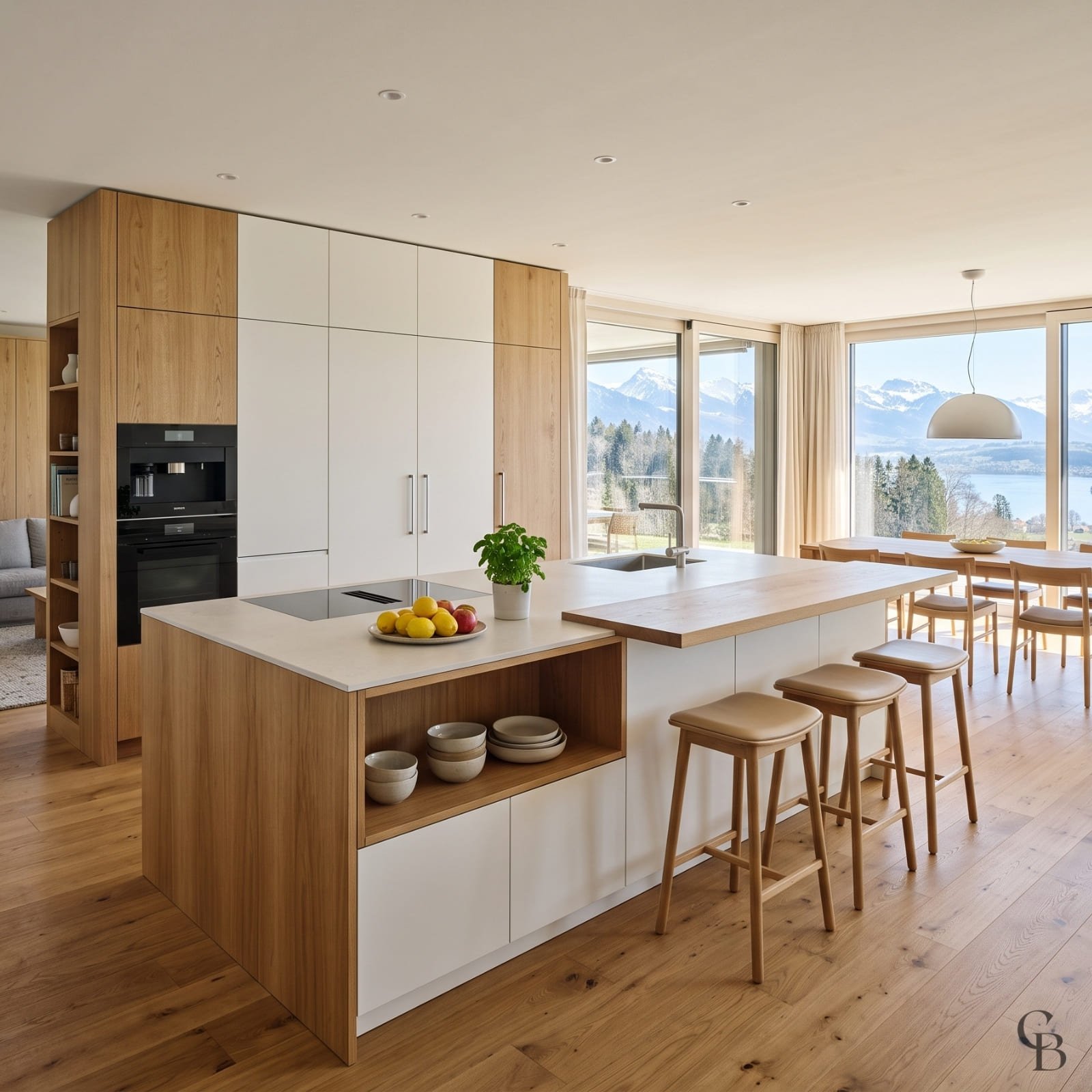 Cuisine ouverte sur le salon avec îlot central, rangements et électroménagers intégrés