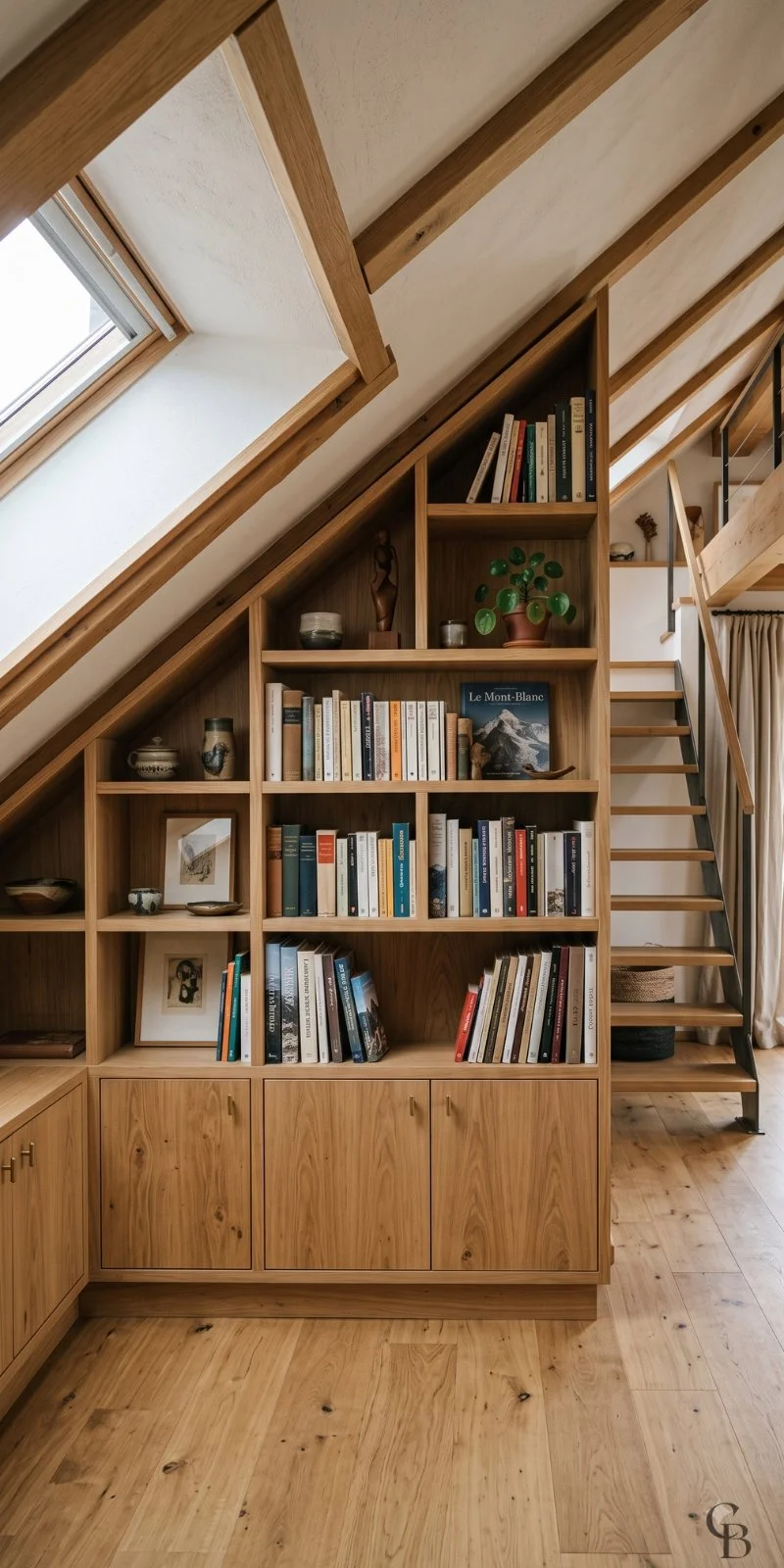 Bibliothèque sous pente sur mesure en bois avec rangements intégrés à Genève