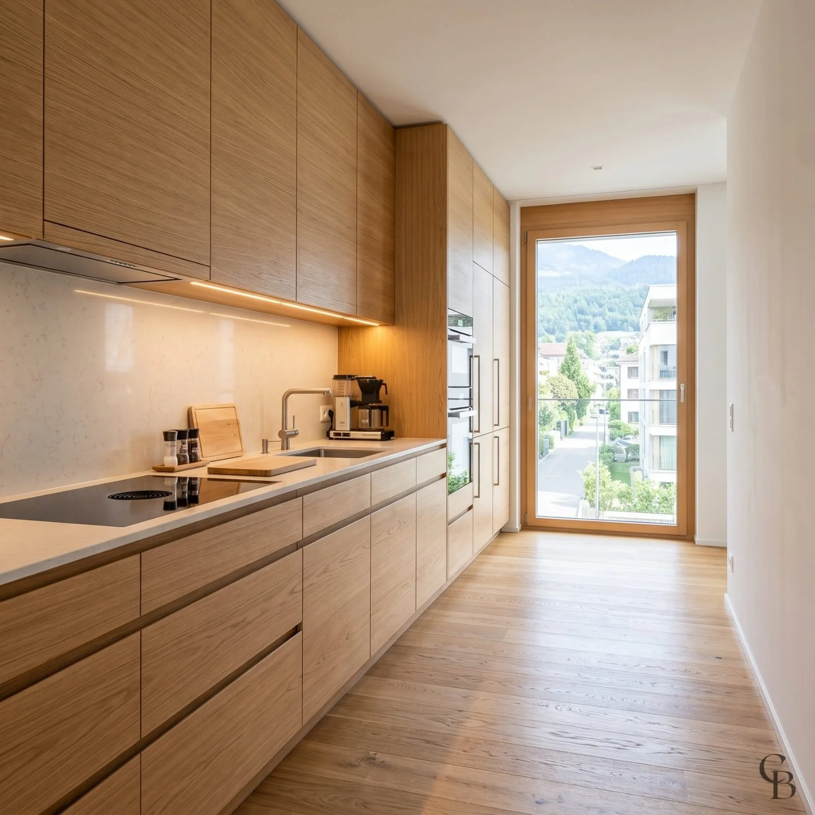 Cuisine sur mesure en longueur avec rangements toute hauteur conçue pour une pièce étroite