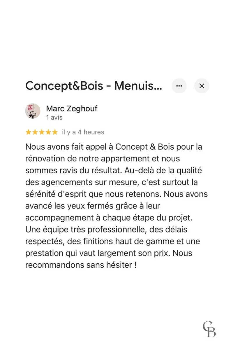 Avis Google 5 étoiles de Marc Zeghouf pour Concept & Bois à Genève concernant la rénovation d'un appartement et des agencements sur mesure.