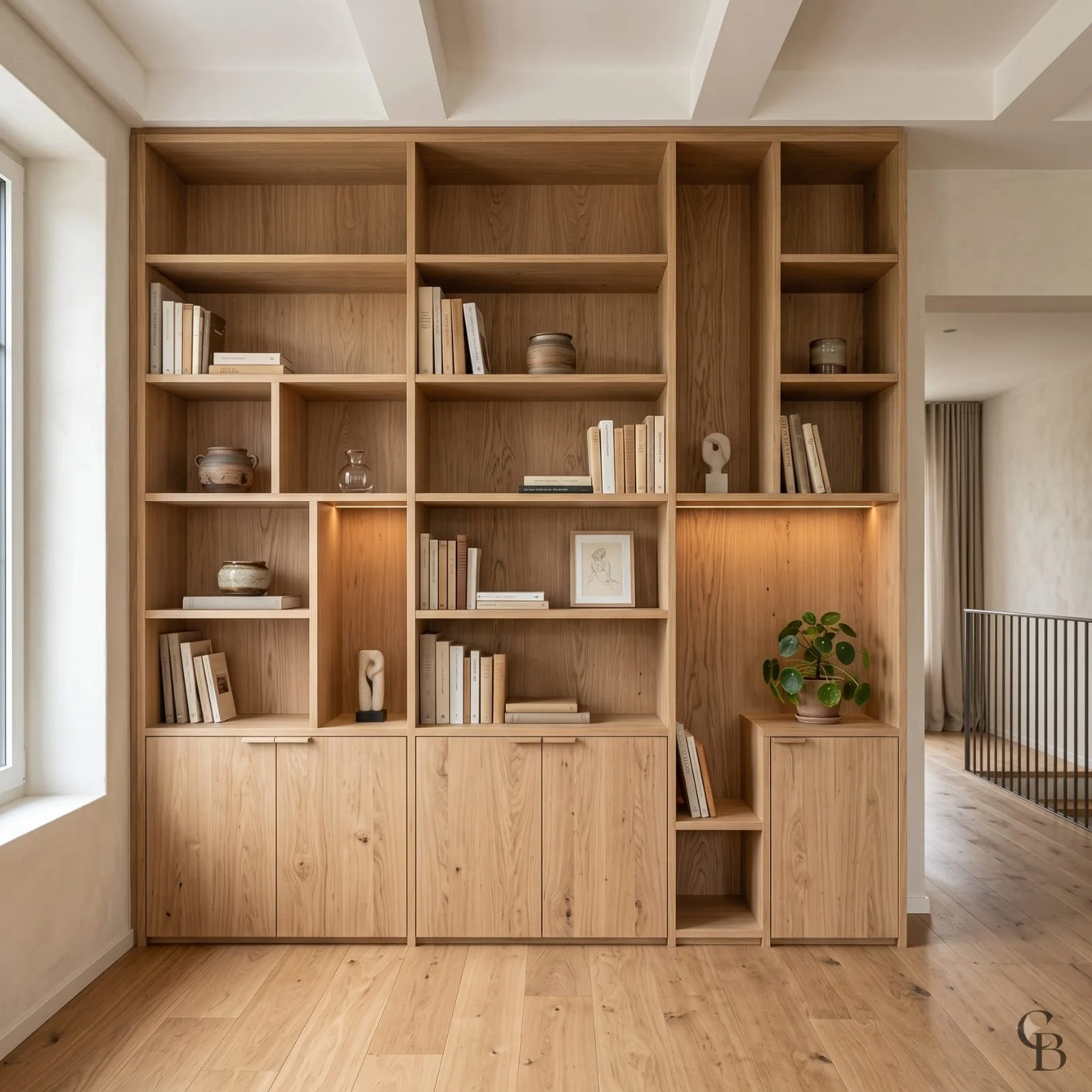 Bibliothèque sur mesure en bois de chêne naturel réalisée à Genève