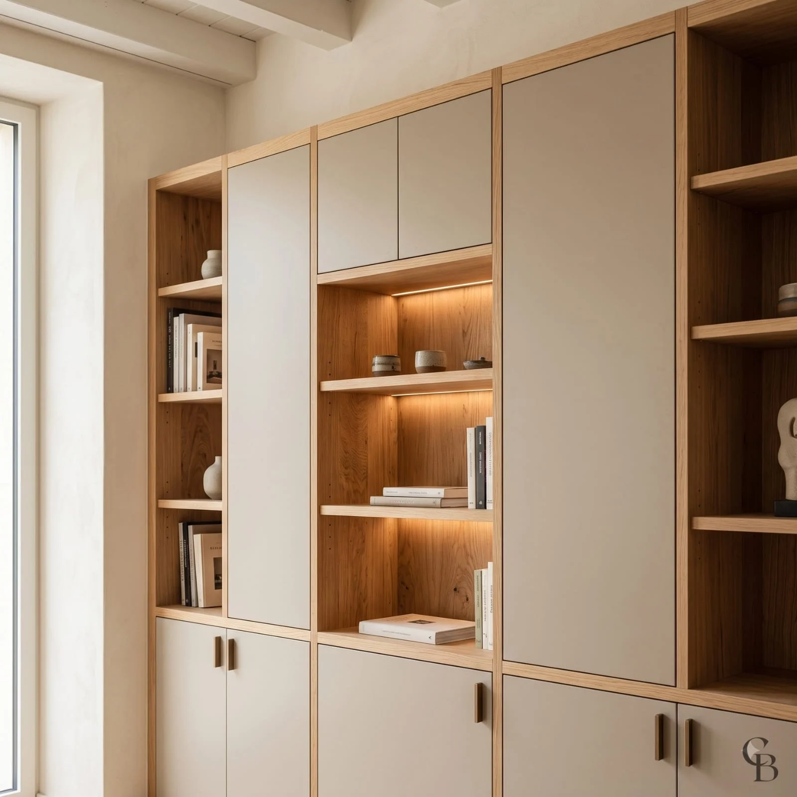 Bibliothèque sur mesure avec finitions personnalisées, niches en bois et rangements intégrés à Genève