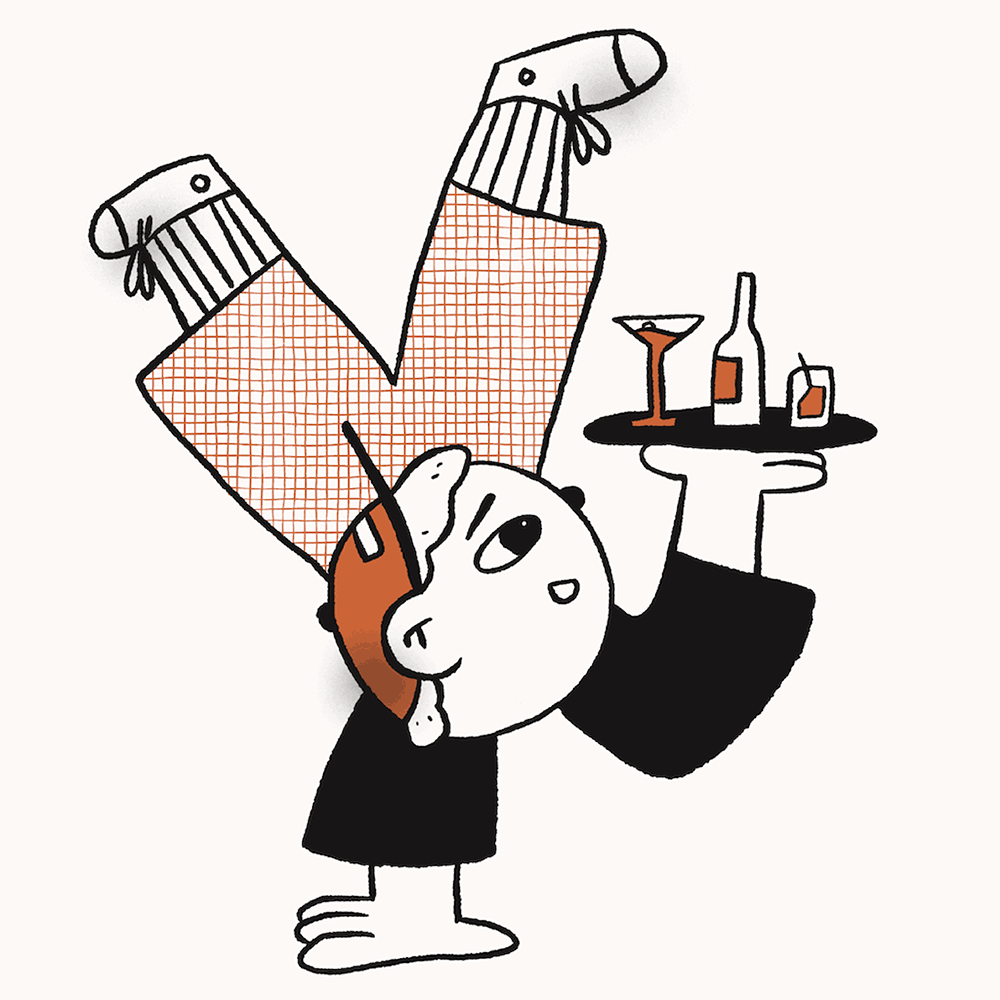 Illustrated playful waiter hand drawn GIF spinning a tray. Part of a branding illustration system for pizzeria restaurant by Leeds artist Vicky Hughes. 