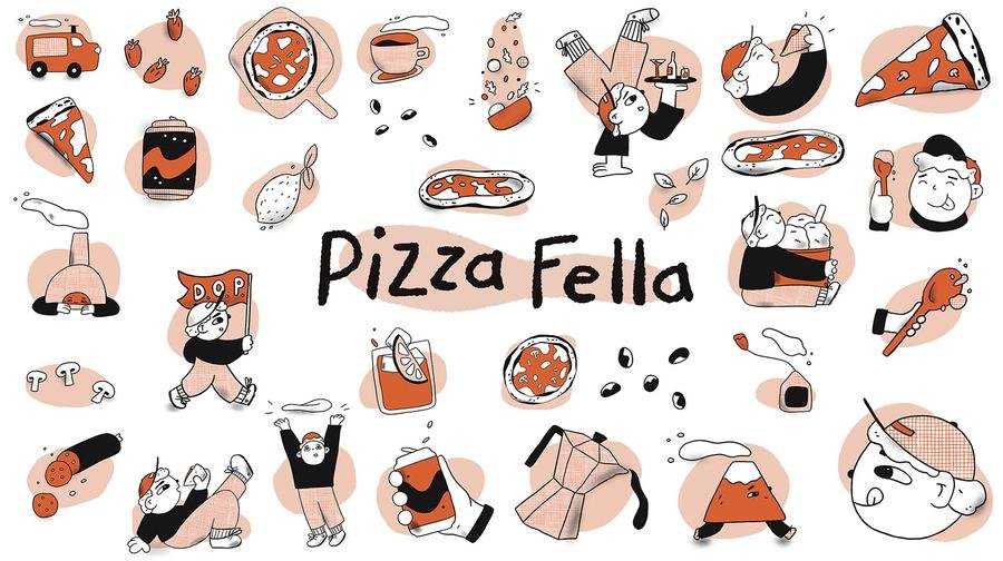 Illustrated icons of pizza ingredients and playful characters. Part of a branding illustration system for pizzeria restaurant by Leeds artist Vicky Hughes. 