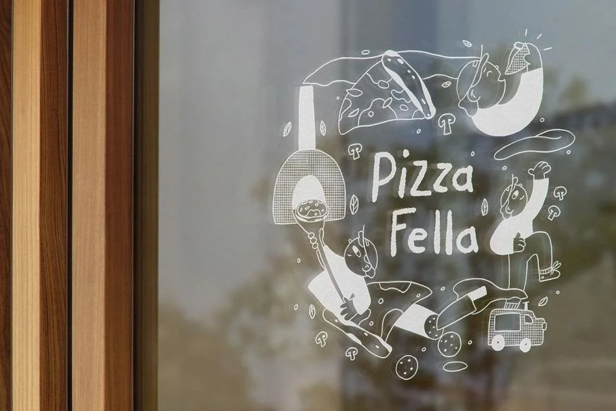Illustrated logo and typography on a store window. Part of a branding illustration system for pizzeria restaurant by Leeds artist Vicky Hughes. 