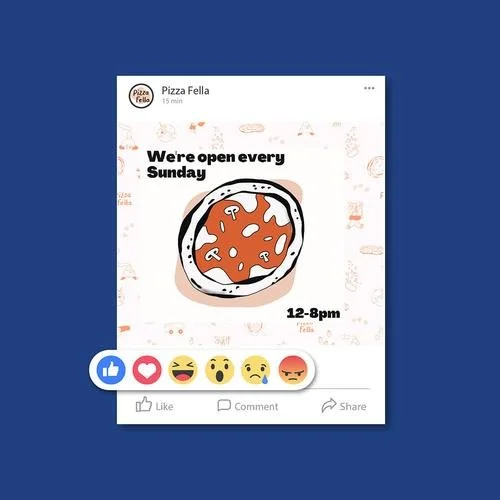 Illustrated playful social media post with drawing of pizza. Part of a branding illustration system for pizzeria restaurant by Leeds artist Vicky Hughes. 