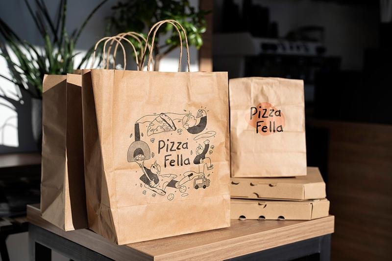 Illustrated playful pizza packaging with ingredients and characters. Part of a branding illustration system for pizzeria restaurant by Leeds artist Vicky Hughes. 